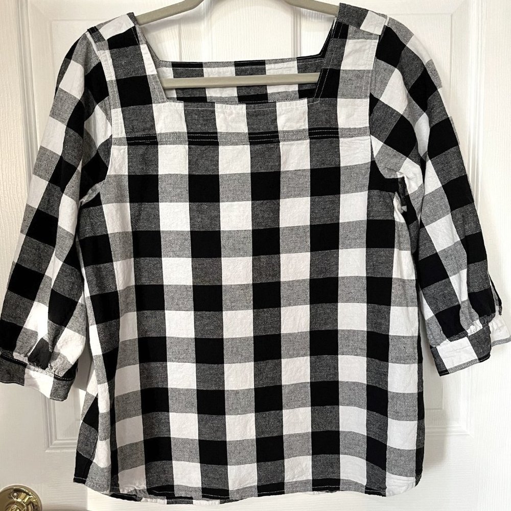 Time & Tru Women's Small (4-6) Black/White Checked Square-Neck 3/4 Sleeve Top